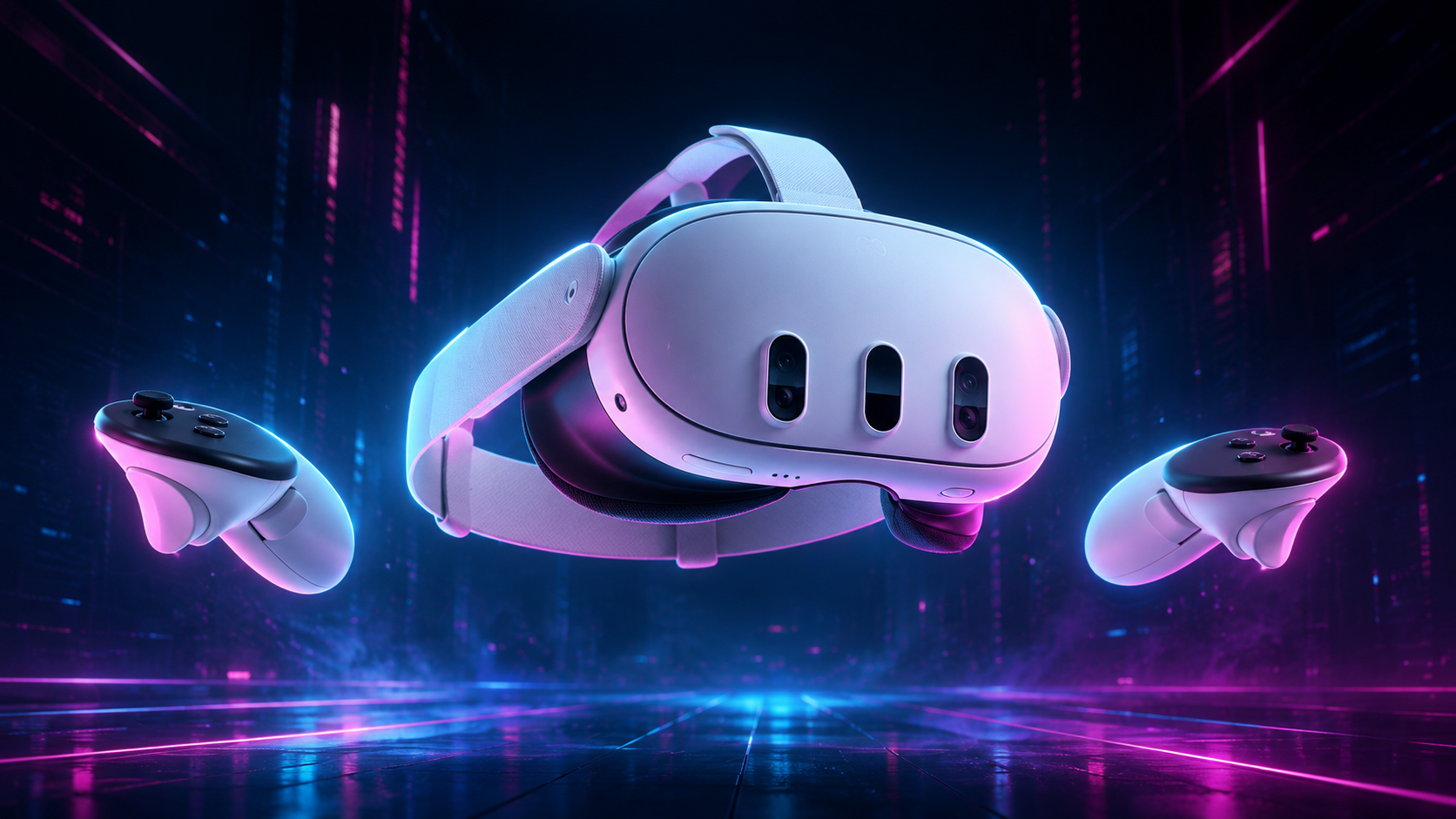 Gogle VR Meta Quest 3 z kontrolerami w cyberpunkowej oprawie Mobilne VR
